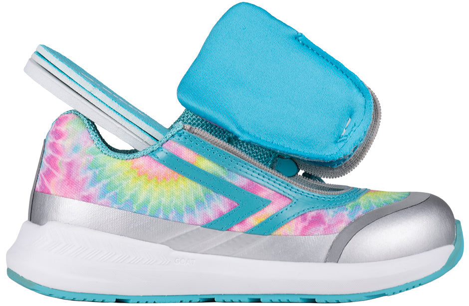 Billy Footwear - Goat Low Top Sport Rainbow Tie Dye shoe featuring a blue strap and easy zip closure, designed for AFO compatibility and adaptive wear.