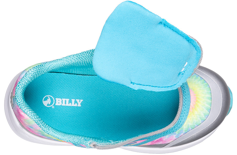 Billy Footwear Goat Low Top Sport Rainbow Tie Dye shoe features a canvas upper and wrap-around zipper for easy access, ideal for AFO users.