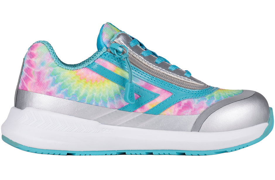 Billy Footwear - Goat Low Top Sport Rainbow Tie Dye shoe with tie-dye design, featuring an easy-access zipper and cushioned inserts, ideal for children with mobility needs.