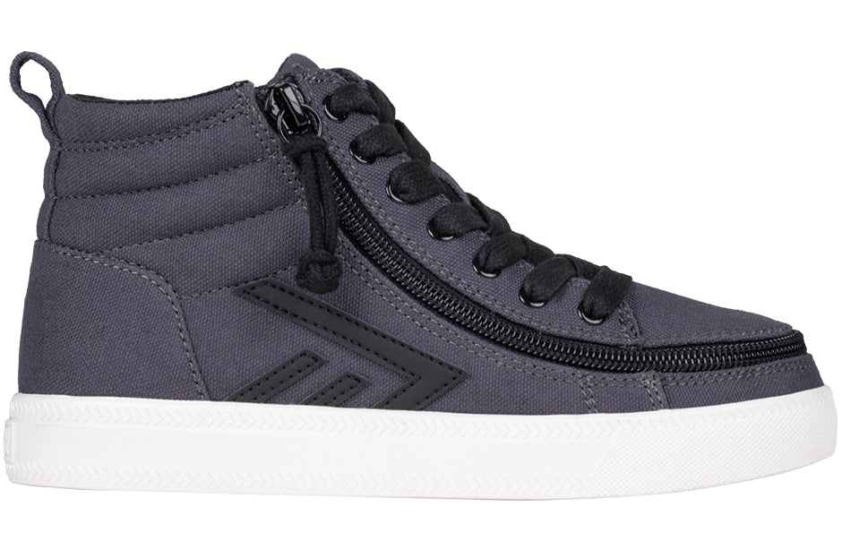 Close-up of Billy Footwear (Toddler) Charcoal/Black CS Canvas Shoes featuring high-top design, functional laces, and wraparound zipper for easy access.