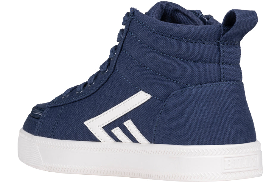 Toddler Navy/White CS Canvas Shoes with wraparound zipper, removable insoles, and functional laces for easy wear, designed for comfort and adaptability.