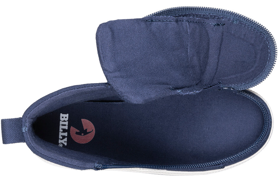 Toddler Navy/White CS Canvas Shoes with a wraparound zipper and laces for easy wear, designed for comfort and flexibility by Billy Footwear.