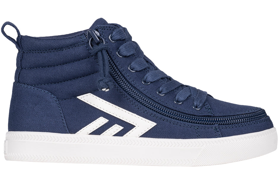 Toddler Navy/White CS Canvas Shoes featuring a high-top design, functional laces, and a wraparound zipper for easy wear, perfect for everyday use.
