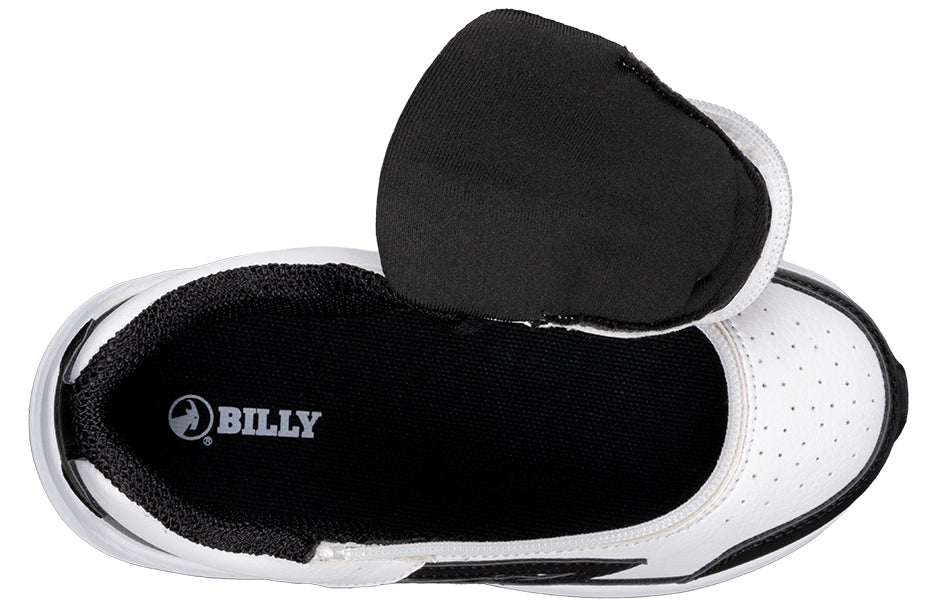Billy Footwear (Toddler) - Goat Hoop White/Black high-top shoes featuring a wrap-around zipper and interchangeable cushioned inserts, designed for AFO compatibility and easy wear.