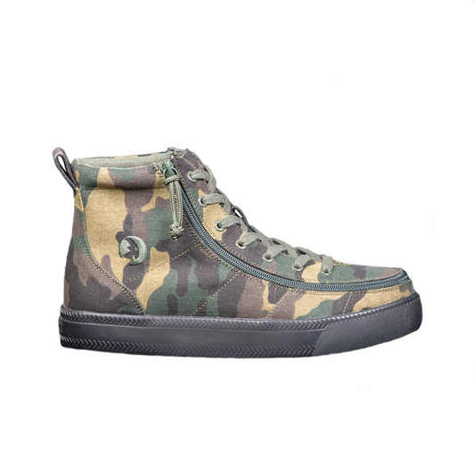 Mens - Camo High Top Canvas Shoes with laces and a wrap-around zipper, designed for easy wear. Ideal for those with mobility challenges.