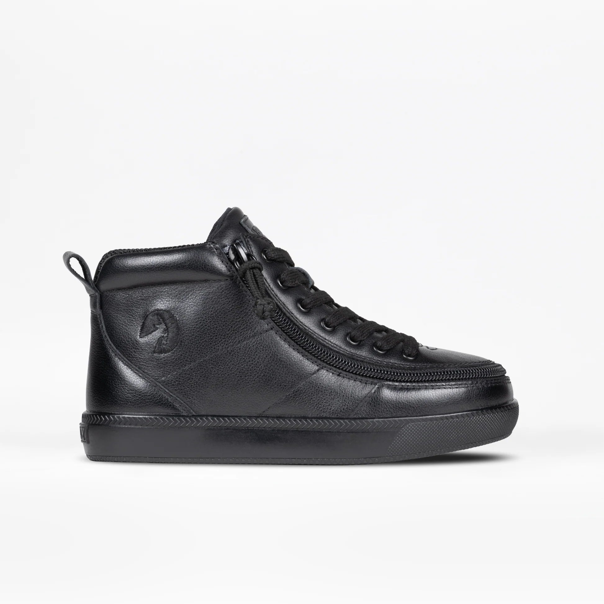 Black to the Floor Leather BILLY Classic Lace High Tops, featuring adjustable cotton-blend laces, leather upper, and rubber outsole, designed for versatile kid's wear.