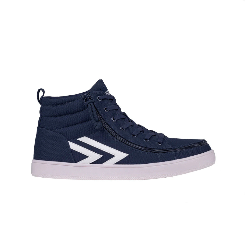 Navy/White BILLY CS Sneaker High Tops, featuring a wraparound zipper and functional laces for easy wear, perfect for kids seeking style and convenience.