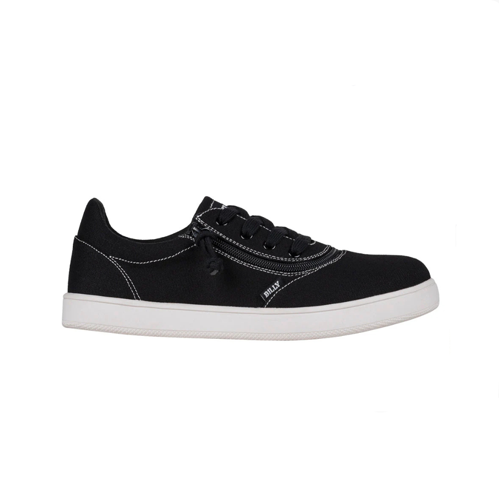 Men's Black/White Stitch BILLY Sneaker Low Tops, featuring a short-wrap zipper and contrast stitching for a retro look, shown in a close-up on a white background.