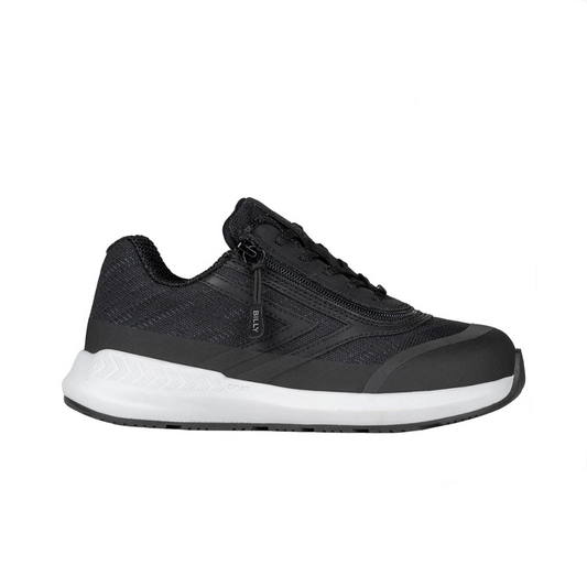 Billy Footwear Goat Low Top Sport Black shoe featuring a convenient wrap zipper for easy access, designed for AFO compatibility and user-friendly wear.