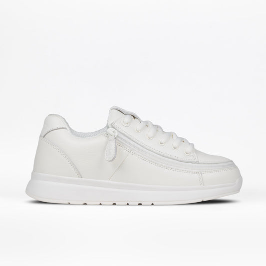 Billy Footwear Women's Comfort Plush White Leather shoes with lace-up closure, durable leather, flexible outsole, cushioned footbed, and adaptive design for easy wear.