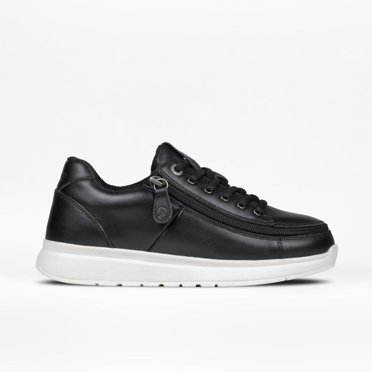 Womens - Comfort Plush Black Leather shoe with lace-up and wrap-around zipper, offering flexible durability and interchangeable cushioned footbed for adaptive support.